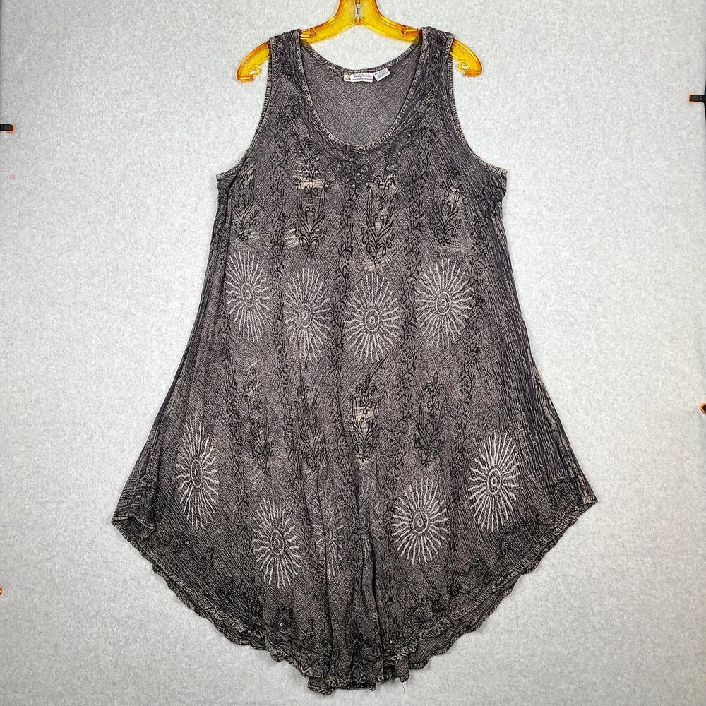 VTG Hippie Boho Sleeveless Trapeze Acid Wash Dress Beadwork, Asymmetrical OSFM